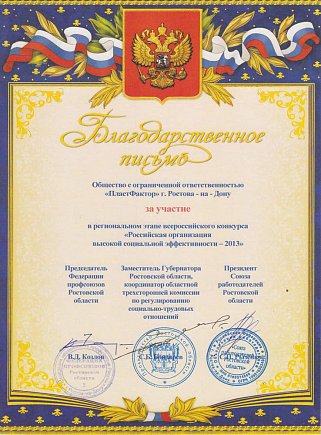 Благодарность «РОВСЭ — 2013»